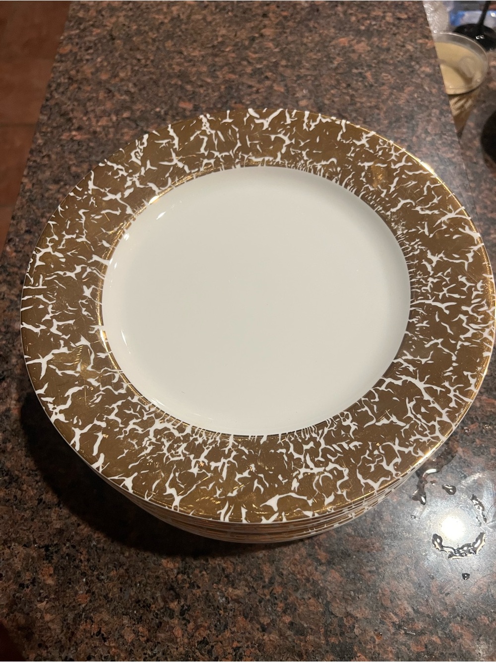 Crate & Barrel Pattern CBL87 Gold Sponge Rim 10" plates 8 plates, holiday - Picture 2 of 4